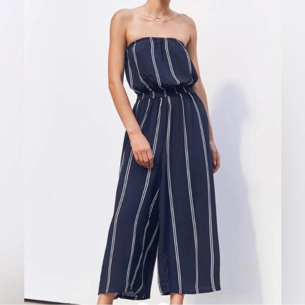 Libby Edelman Strapless Jumpsuit • Wide Leg • Navy Blue & White•Size L tube top